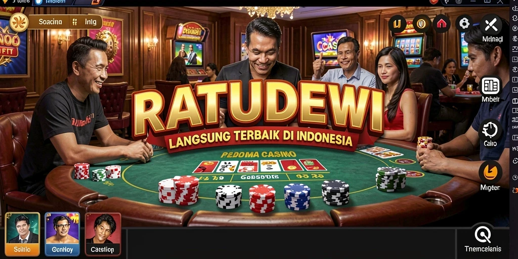 Screenshot gameplay RATUDEWI menampilkan dealer profesional dan suasana kasino.