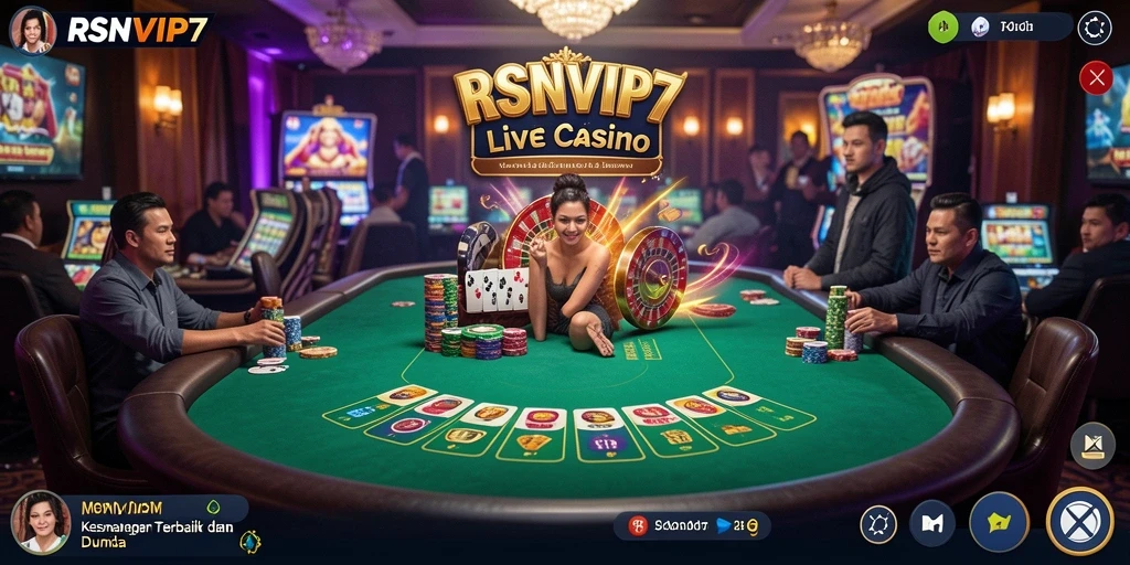 Screenshot gameplay RSNVIP7 menampilkan dealer profesional dalam suasana kasino yang nyata.