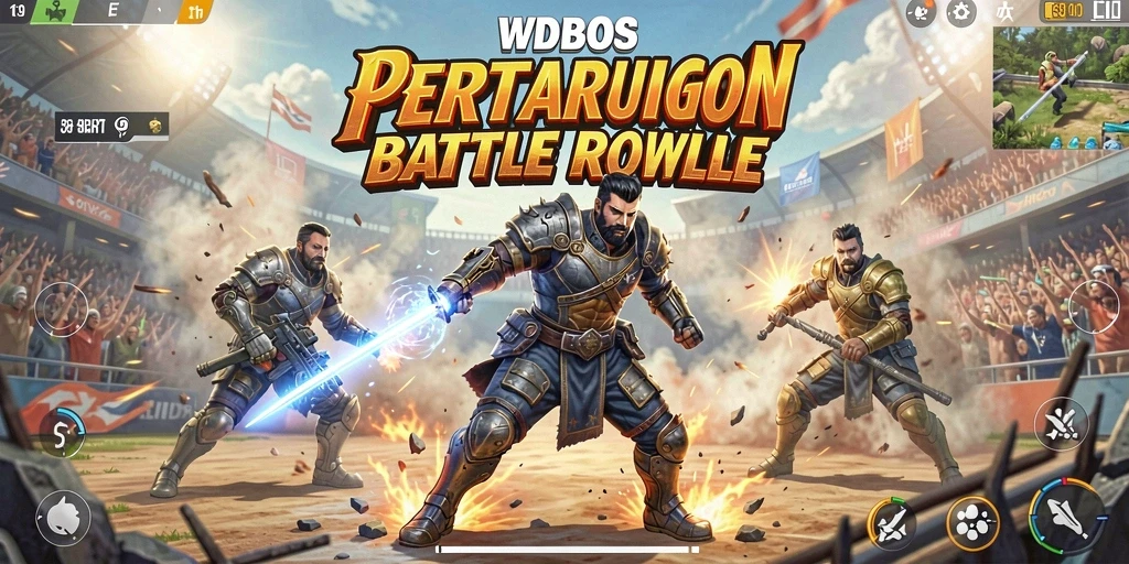 Screenshot utama WDBOS menunjukkan aksi seru dalam pertarungan Battle Royale.